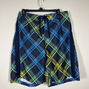 Speedo Men's Blue Black Green Plaid Swim Trunks Beach Summer Medium!